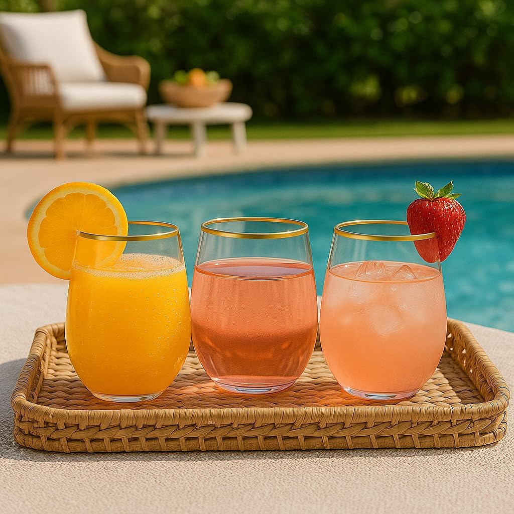 40 count Unbreakable Stemless Plastic Wine Champagne Whiskey Glasses Elegant Durable Disposable Indoor Outdoor Ideal for Home, Office, Bars, Wedding, 12 Ounce Cups (Pink Matte Gold)