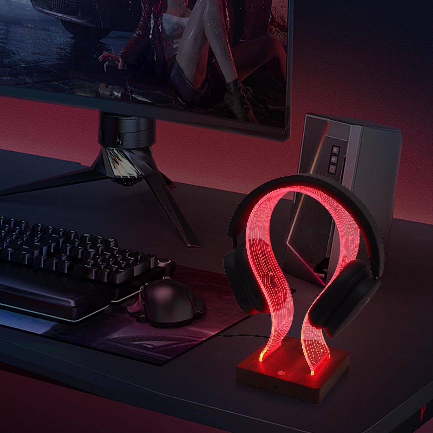 YuanDian RGB Headphone Stand with 16 Changing Colors, Wooden Headset Holder with 1 USB Charging Port and 1 Type-C Charging Port Touch Control with Remote, Gift for Gamers, Men, and Music Lovers