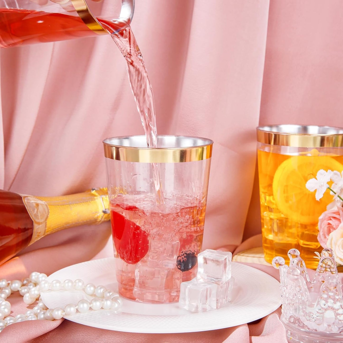 I00000 50 Pack 12 oz Gold Plastic Cups, Gold Rimmed Disposable Cups, Disposable Plastic Wine Glasses Cocktail Glasses Heavy Duty Cup with Golden Rim, 12 Ounce Tumblers for Party & Wedding