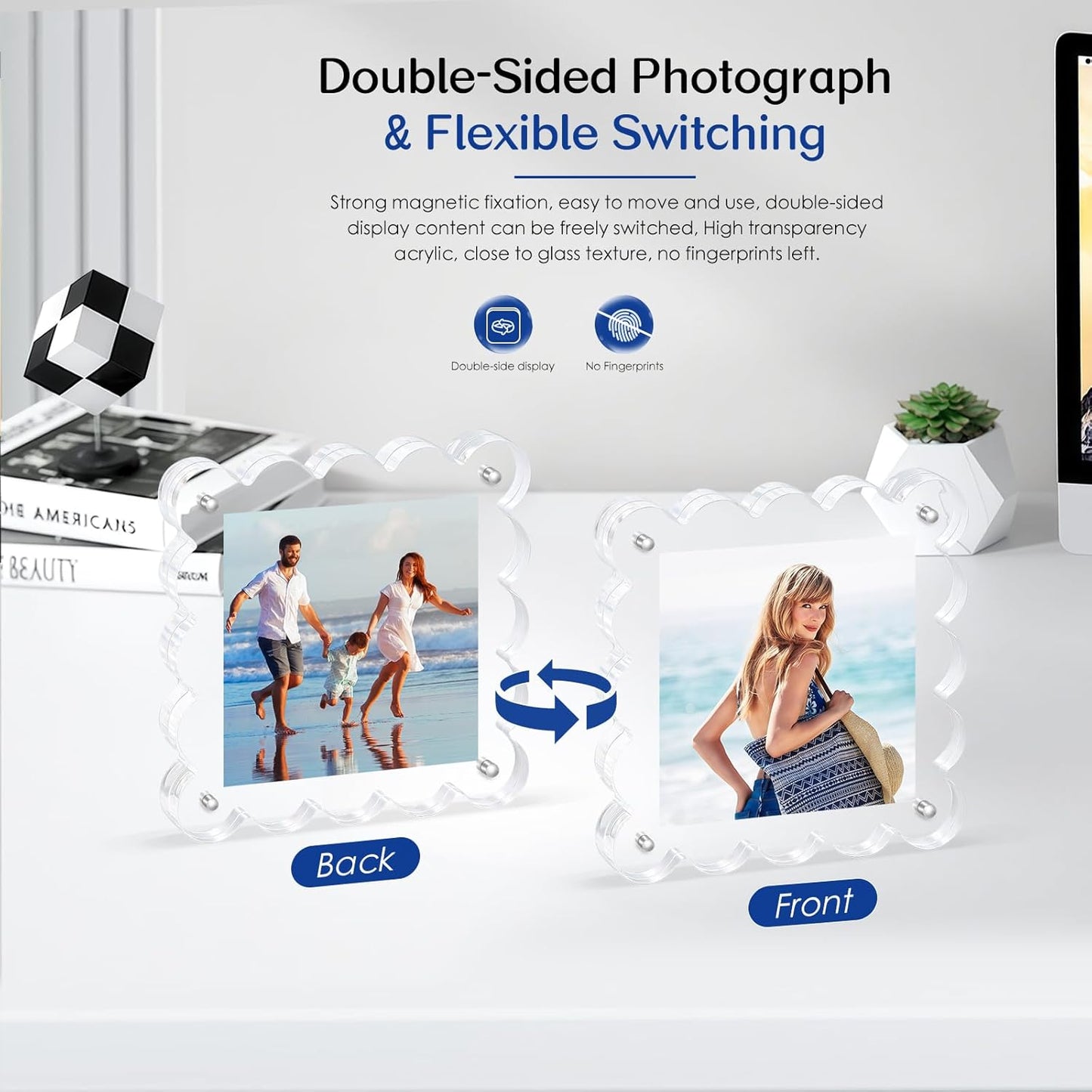 Acrylic Magnetic Picture Frames 4x4-2Pack Clear Freestanding Photo Frame.Double-Sided Scalloped Edges, 10+10mm Thick Block, for Modern Desktop Display &Perfect for Gifts (2 Pack, 4X4)