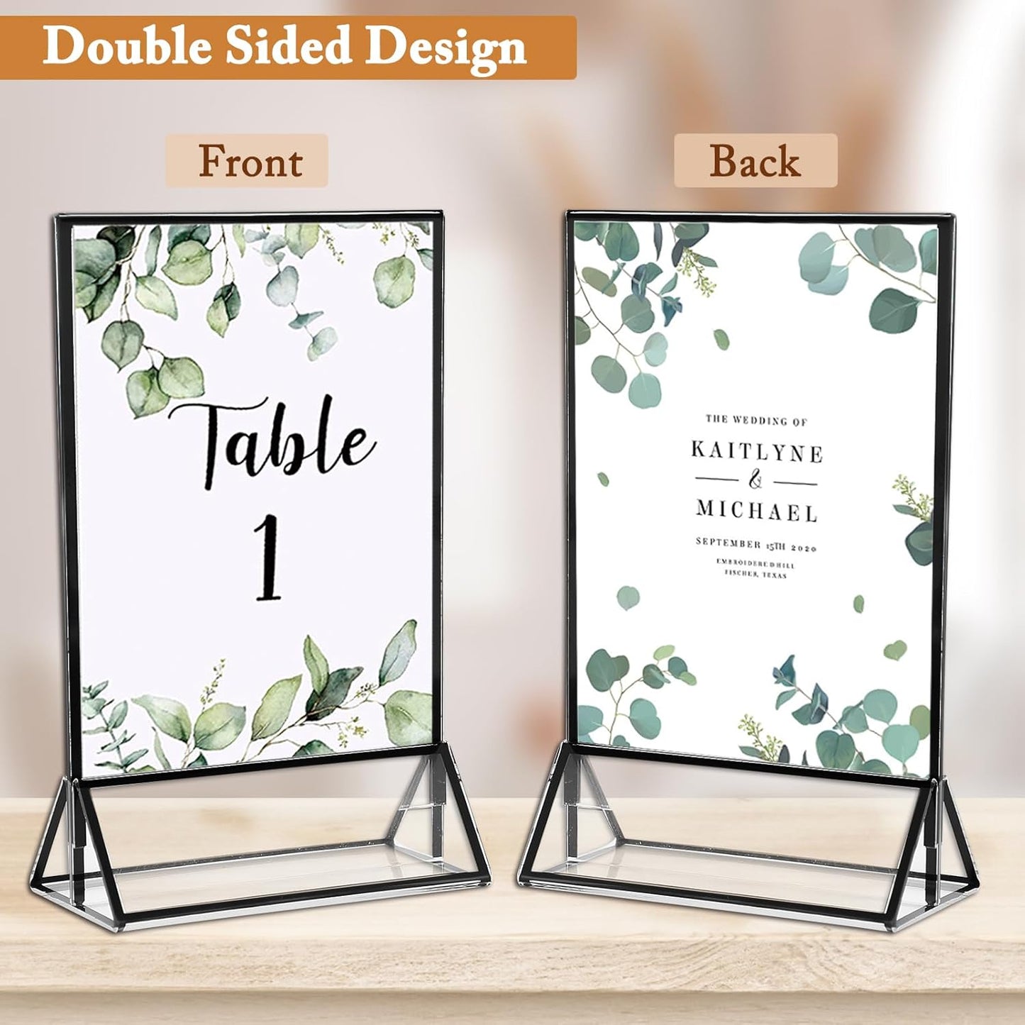 Floroom 12 Pack 5x7 Inch Clear Acrylic Sign Holders, Double-Sided Black Display Stand Picture Frames for Table Numbers, Menus, Flyers, Weddings, and Offices