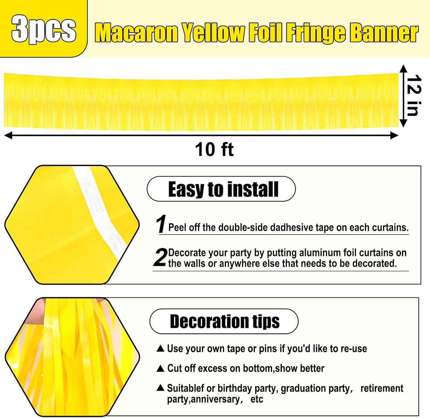 3 Pack 10 Long Yellow Metallic Foil Fringe Garland Wall Hanging Tassle Banner, Mother's Day, Easter, Parade Floats, Birthday, Theme Party, Wedding Party Decorations