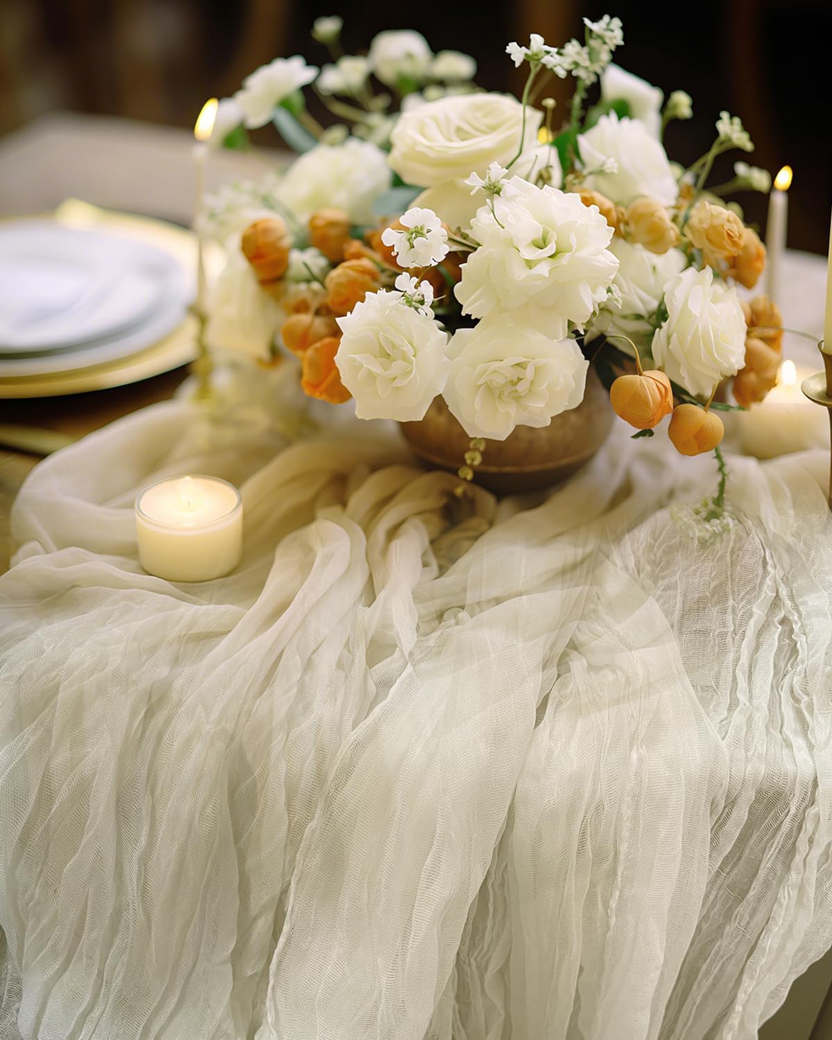 Beige Cheesecloth Table Runner 120 Inch, Summer Boho Gauze 10 FT, Rustic Cheese Cloth Table Runner for Wedding, Baby Bridal Shower, Party, Farmhouse Centerpiece Home Decorations