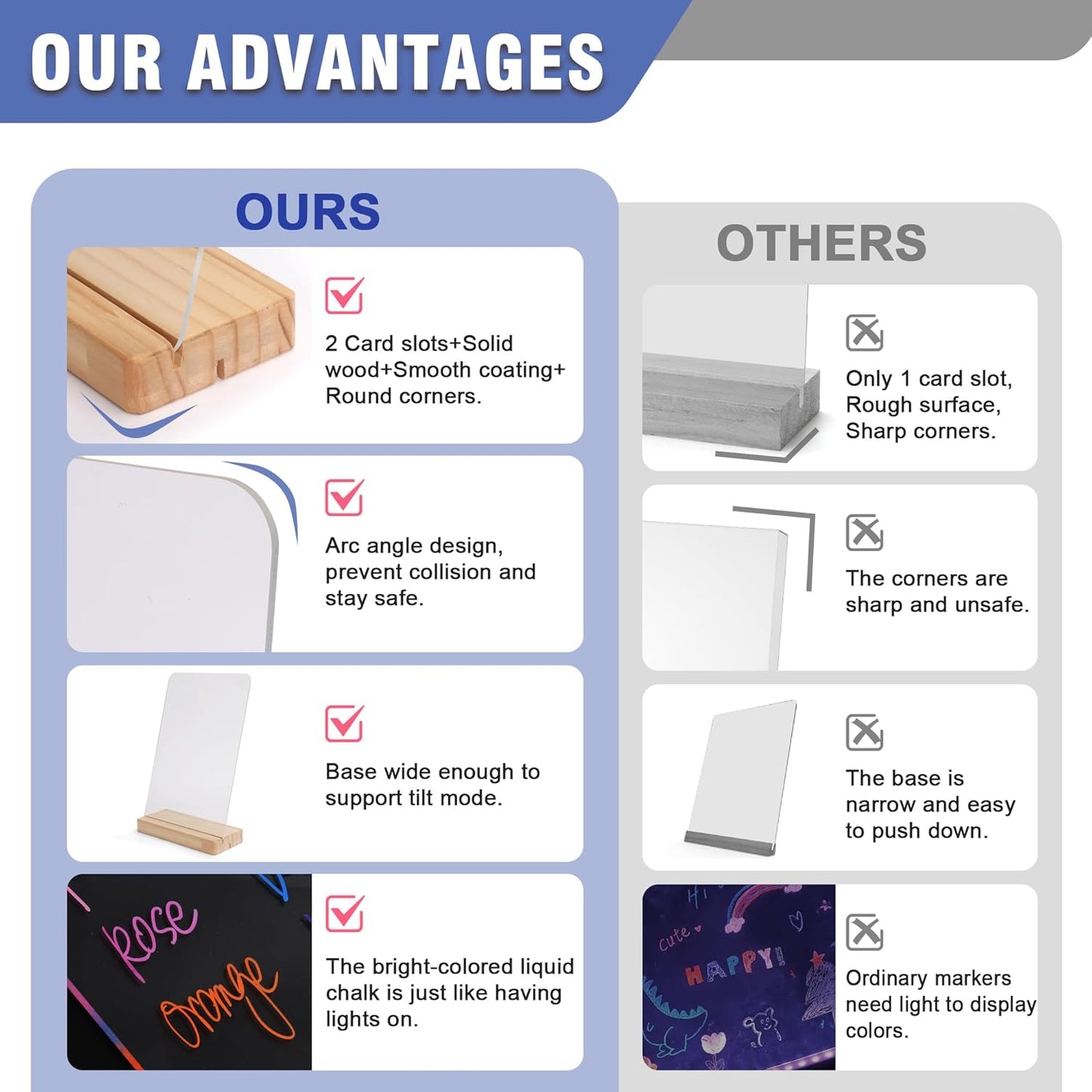 SELEAD Acrylic Clear Board Bar Sign - 2 Pack 8x12 Inch DIY Words Sign Board with Wooden Stand, Tabletop Double-Sided Menu Message Note Board for Business, Wedding, Events