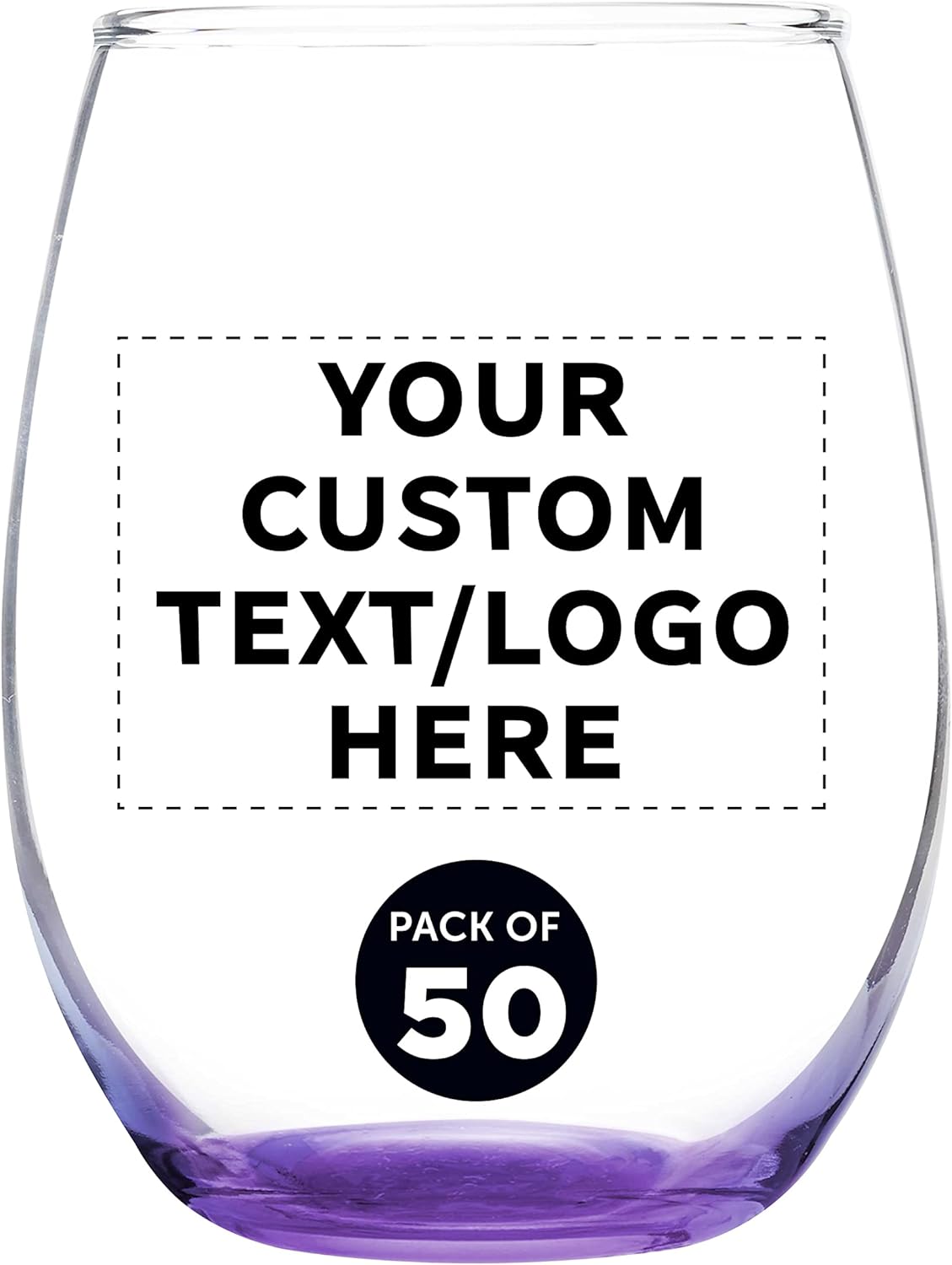 Custom Stemless Wine Glass 9 oz. Set of 50, Personalized Bulk Pack - Great for Wedding Favors, Bachelorette Party Decorations, Party Favors, Color Bottom - Purple