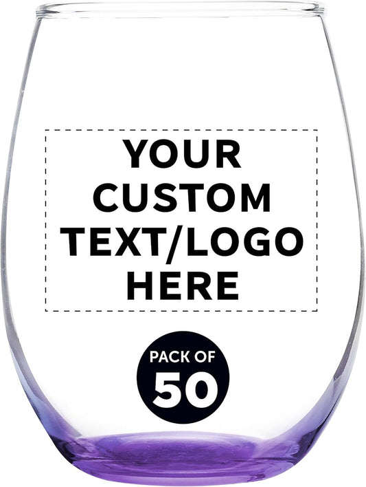 Custom Stemless Wine Glass 9 oz. Set of 50, Personalized Bulk Pack - Great for Wedding Favors, Bachelorette Party Decorations, Party Favors, Color Bottom - Purple