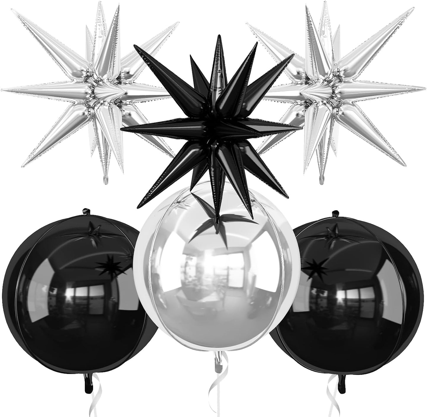 6Pcs Black Silver Foil Balloons,22Inch Black Silver 4D Round Ball Balloon and Explosion Star Balloon for Birthday Wedding Baby Shower Anniversary Decorations