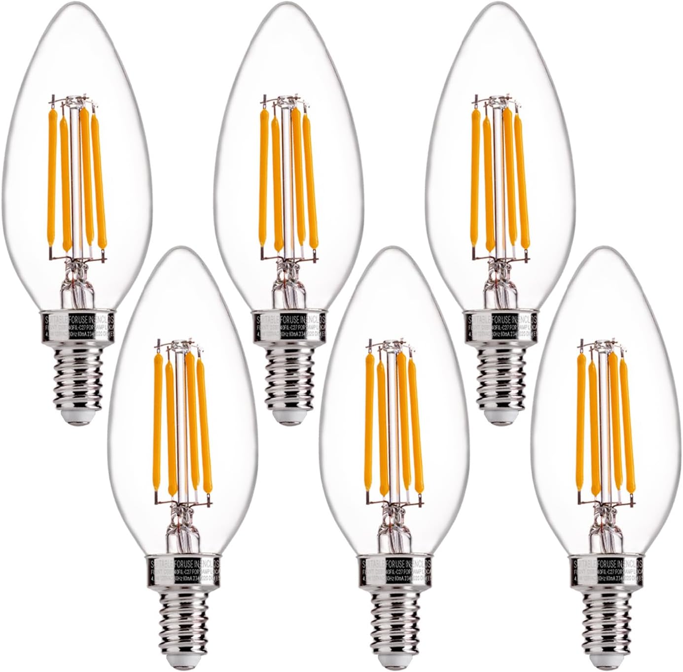 FLSNT 60W Equivalent LED Chandelier Light Bulbs, Dimmable, E12 Base, Clear B11 LED Filament Candelabra Bulbs, 2700K Soft White, 6 Pack