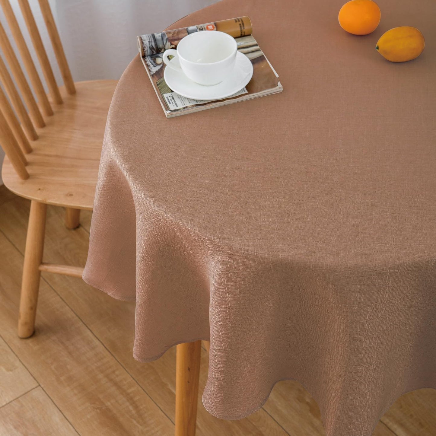 NLMUVW 48 Inch Round Linen Tablecloth, Mocha Table Cloth Farmhouse Water Resistant Rustic Table Cover for Kitchen Dining Coffee Cafe