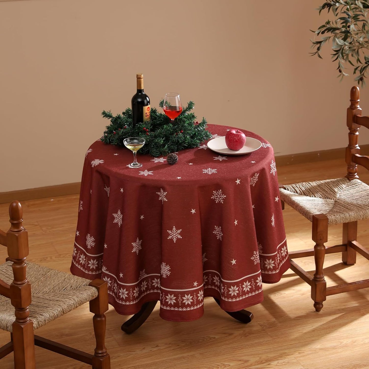 ISAENNE Designer Christmas Red Round Tablecloth,Linen Table Cloth with Snowflakes Pattern,Wrinkle Resistant Decor Tablecloths for Dining Kitchen Thanksgiving Christmas,Diameter 67"-Carol C