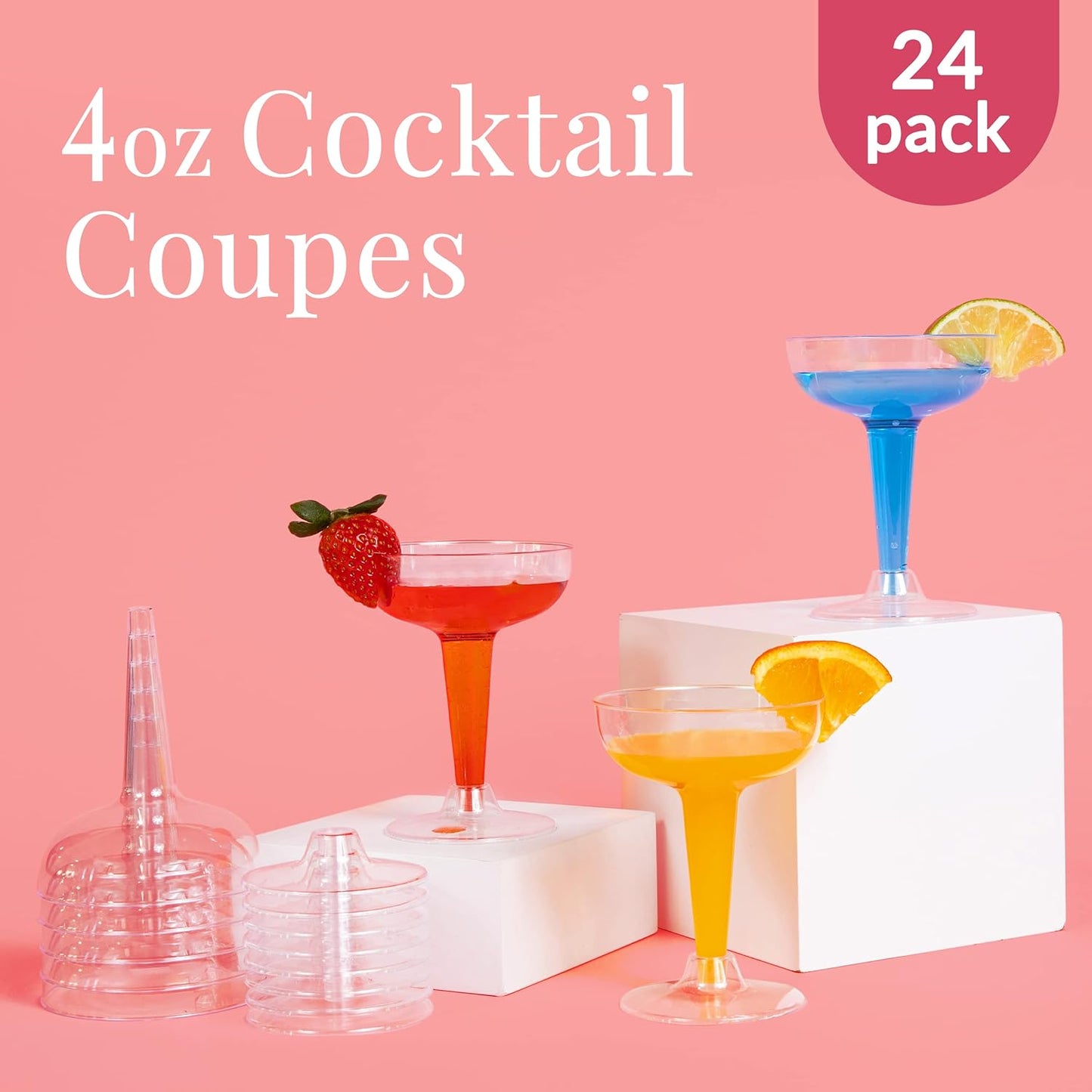 Prestee 24 Clear Plastic Coupe Glasses 4oz - Disposable Plastic Cocktail Cups, Martini Glasses, Margarita Glass, Champagne Glass for Parties, Cinco de Mayo, Taco Party, Weddings Decorations