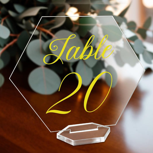 OurWarm Large Acrylic Wedding Table Numbers 1-20, Elegant Printed Calligraphy Place Cards with Stand, Hexagon Multi-functional Clear Acrylic Sign and Holder, Ideal for Wedding Reception Events