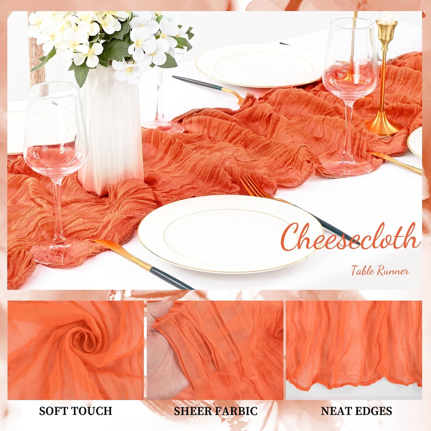 Orange Cheesecloth Table Runner 12 Pack 10FT Boho Fabric Rustic Cheese Cloth Table Runner for Wedding 20 x 120 Inch Long Bridal Shower Baby Shower Gauze Sheer Birthday Party Table Decorations