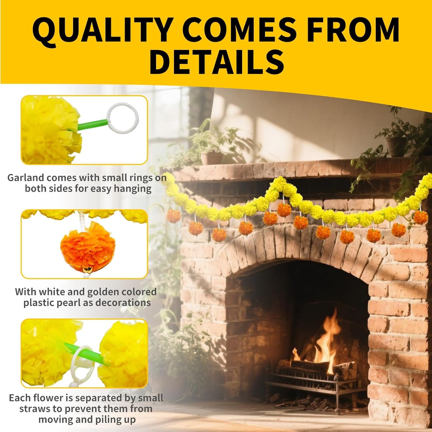 5 Pcs Marigold Garland Diwali Decor Artificial Flowers, 4.5 Feet Artificial Marigold Flowers for Indian Pooja Diwali Home Mantle Decor Wedding Decoration for All Year Decoration (Yellow＆Orange)