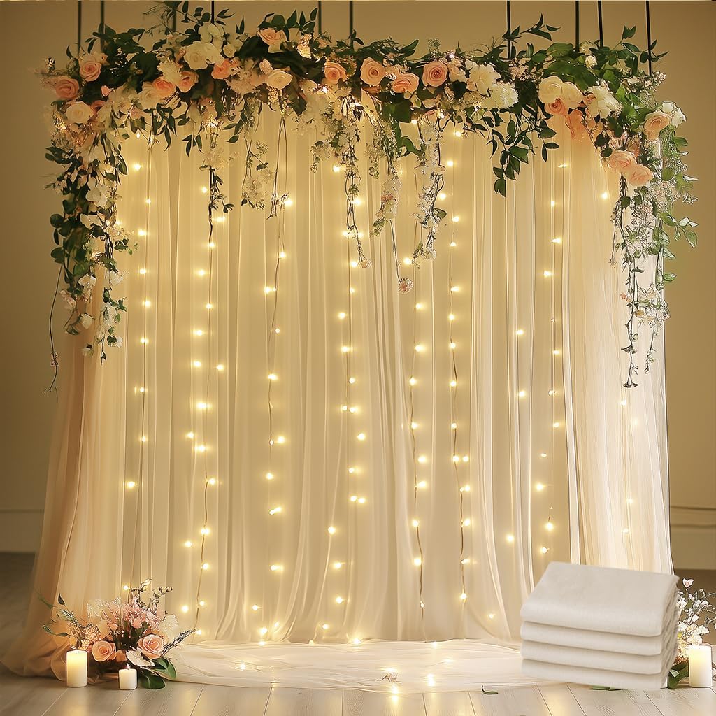 Tulle Backdrop Curtain with Lights String 20 X 10FT Champagne Sheer Tulle Backdrop Curtains for Wedding Birthday Party Reception Photo Booth Background Decorations (4 Panels 5x10FT)