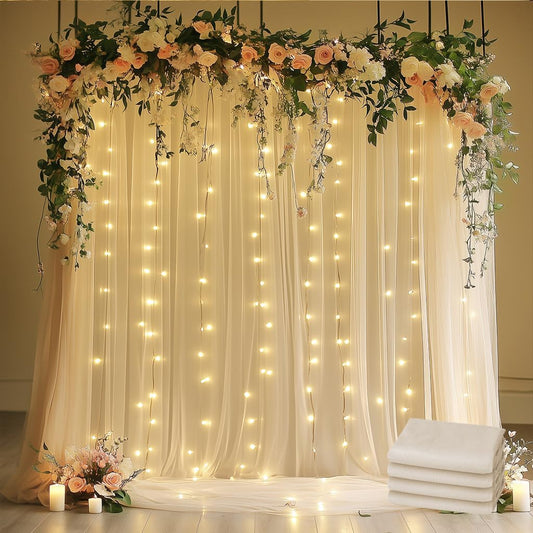 Tulle Backdrop Curtain with Lights String 20 X 10FT Champagne Sheer Tulle Backdrop Curtains for Wedding Birthday Party Reception Photo Booth Background Decorations (4 Panels 5x10FT)