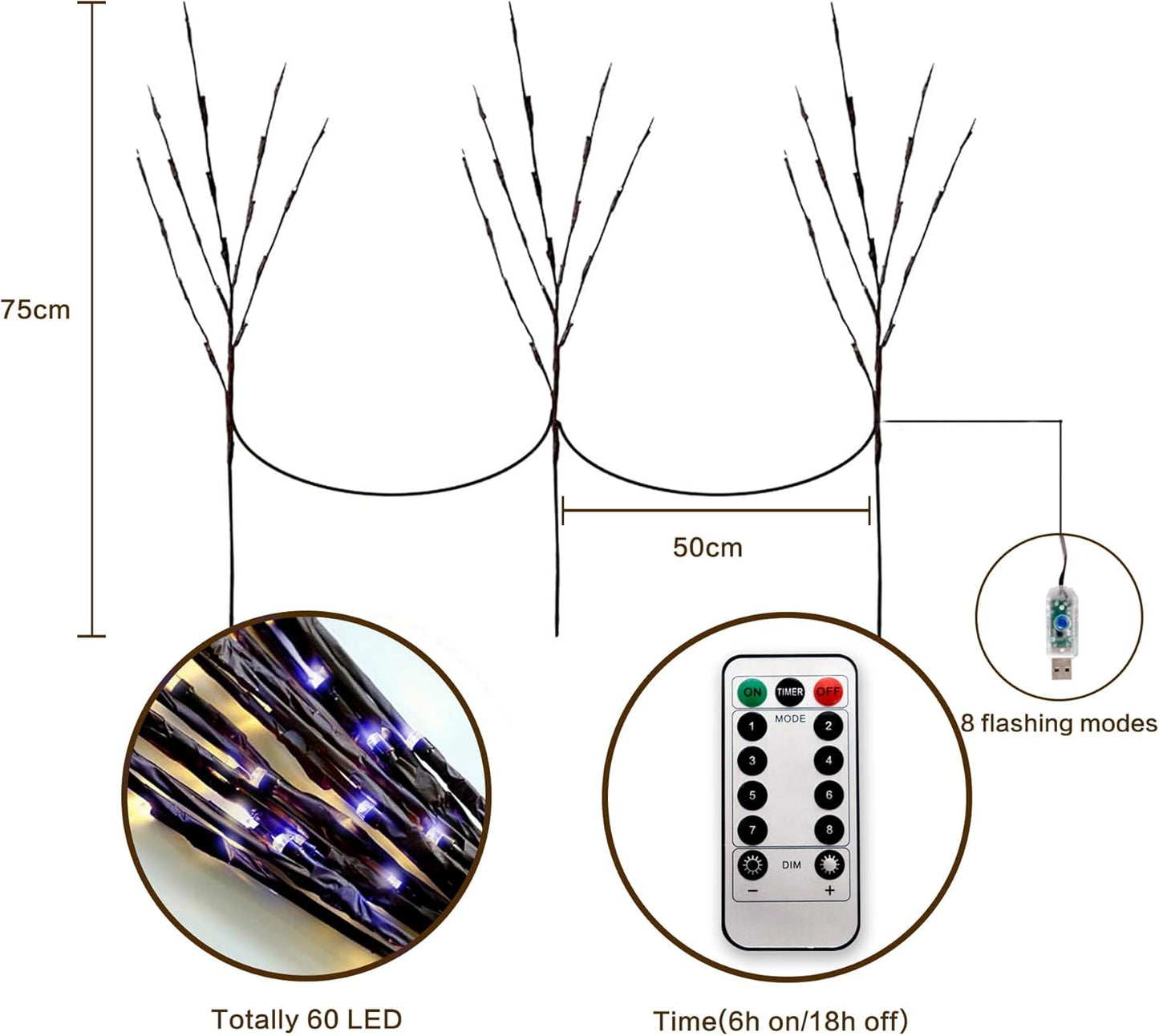 MENCH Branch Lights,3 Pcs Twig Light USB&Battery Powered 8 Flashing Modes by Remote Control.Branch Lights for Indoor, Light Up Decorations for Halloween Day and Christmas,Blue