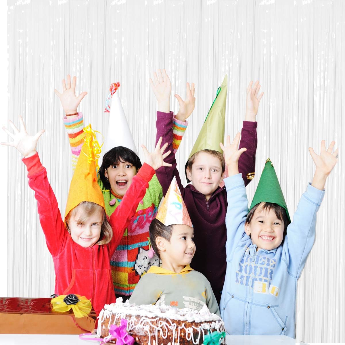 BTSD-home 4 Pack 3x 8ft White Foil Fringe Curtain Backdrop Party Streamers Decorations Metallic Photo Booth Tinsel Theme Bachelorette Graduation Wedding Birthday Bridal Shower Christmas Decor Supplies