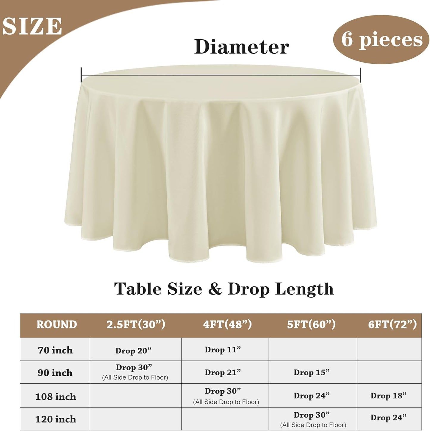 Fitable 6 Pack Ivory Tablecloths for Round Tables-108 Inches in Diameter-Stain Resistant and Washable Table Clothes,Polyester Fabric Covers Wedding,Party,Banquet,Formal Events (130g-QW6P-108Ivory)