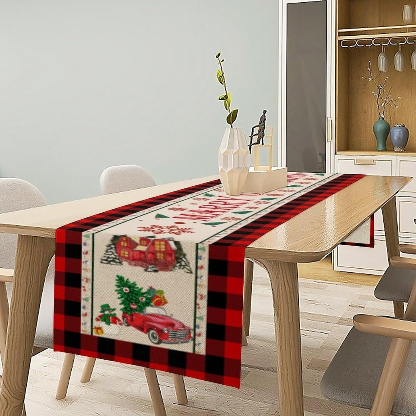 Merry Christmas Table Runner,Winter Xmas Holiday Table Cloth Kitchen Dining Table Decoration for Home Party Decor 13x60 Inch