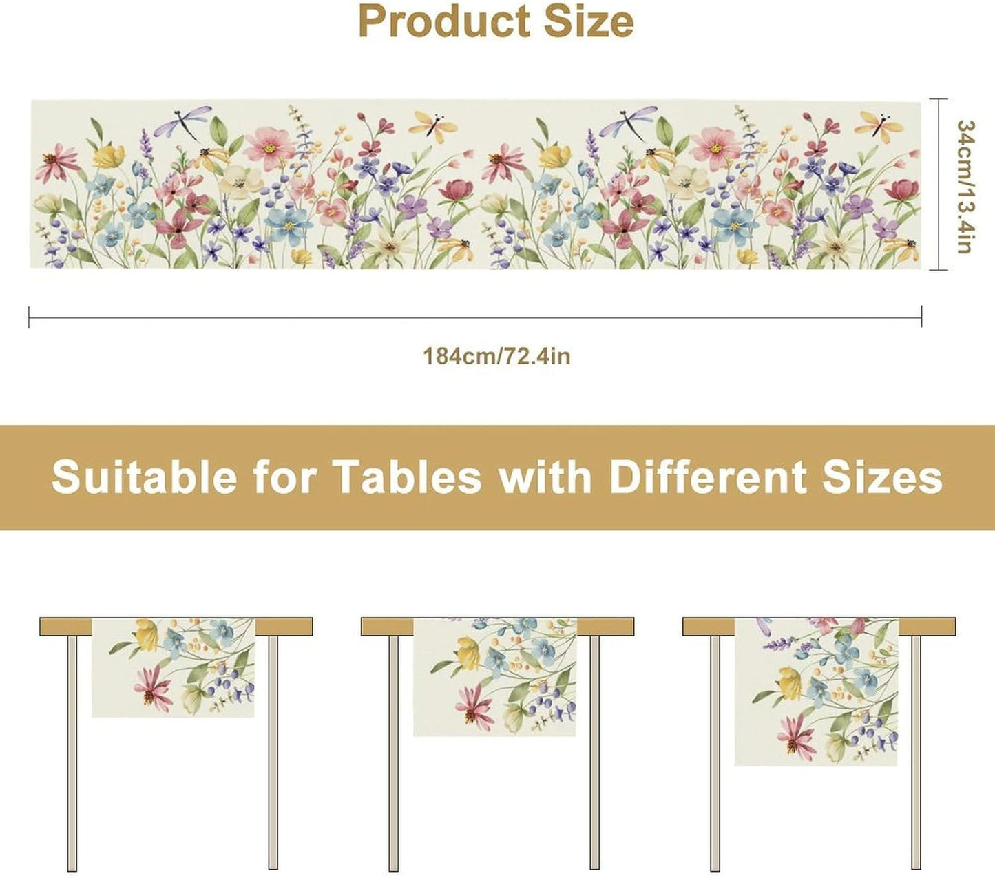 Watercolor Floral Table Runner, Colorful Spring Summer Nature Flower Dragonfly Pattern Print Table Runner for Kitchen Dinning Table Runner Decor Home Wedding Party Holiday, 13x90 Inch