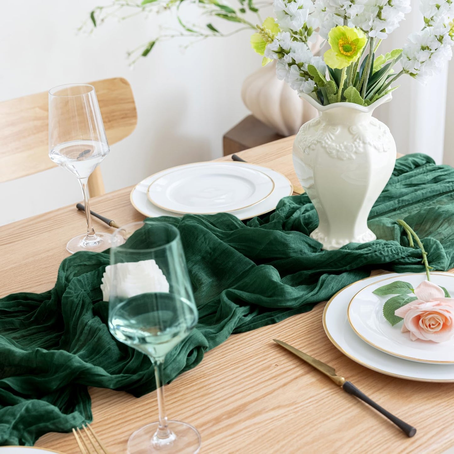 Asee'm 6PCS Table Runner Cheesecloth 10FT Emerald Green Boho Gauze Fabric Rustic Sheer Cheese Cloth Runners for Wedding Bridal Shower Party