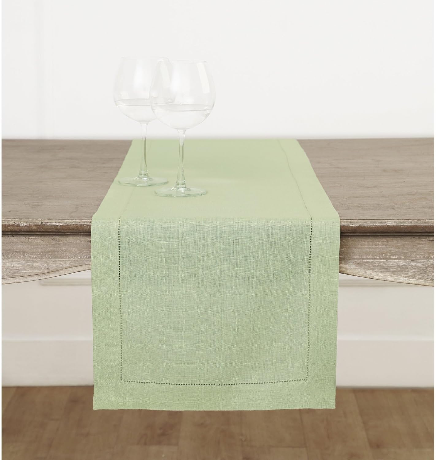 Solino Home Linen Sage Green Table Runner 108 Inches Long - 100% Pure Linen 14 x 108 Inch Table Runner for Fall, Autumn, Thanksgiving, Christmas - Classic Hemstitch