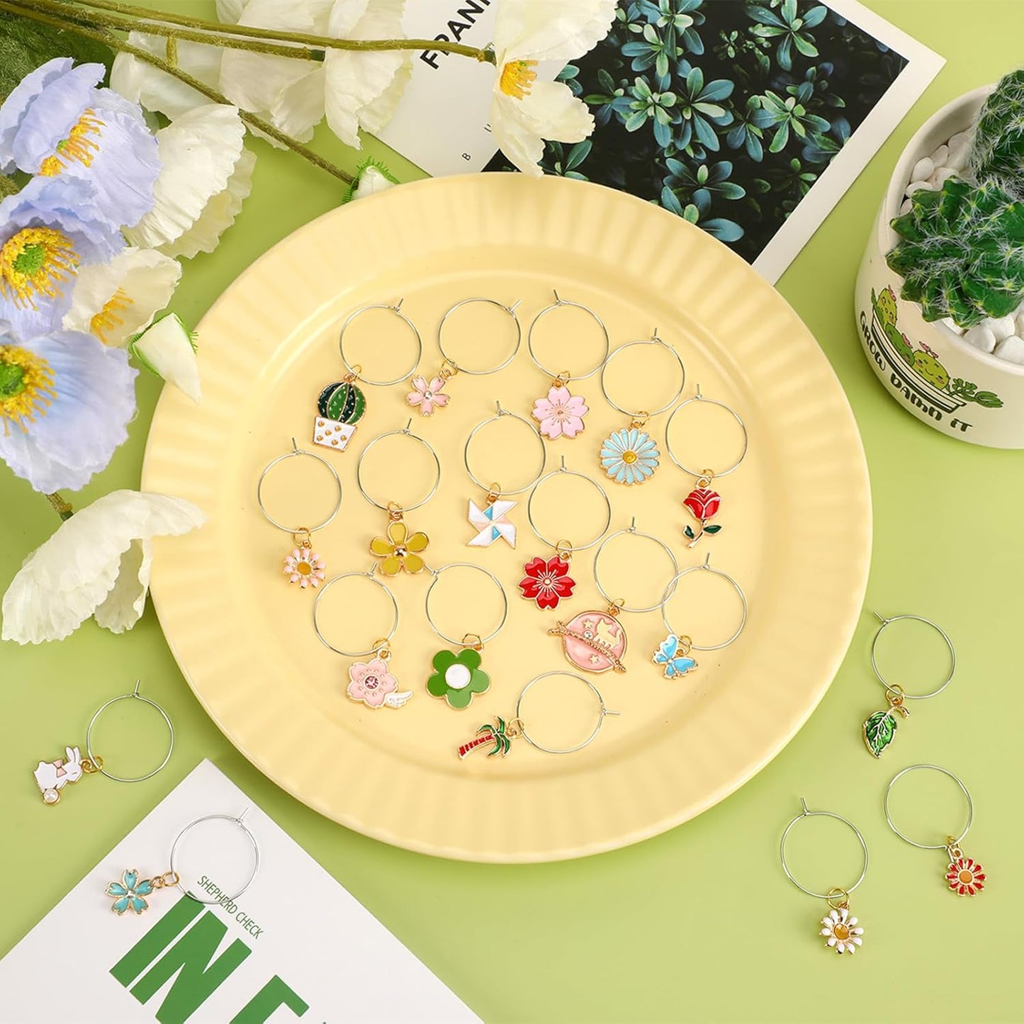 SANNIX Spring Floral Wine Charms - 24pcs Stem Glass Charms for Wine Tasting Party Decorations