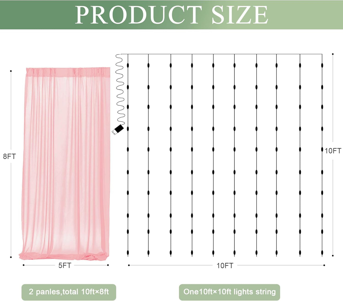 Tulle Backdrop Curtain with Lights String 10FT X 8FT Peach Sheer Tulle Backdrop Curtains for Wedding Birthday Party Reception Photo Booth Background Decorations (2 Panels 5x8FT)