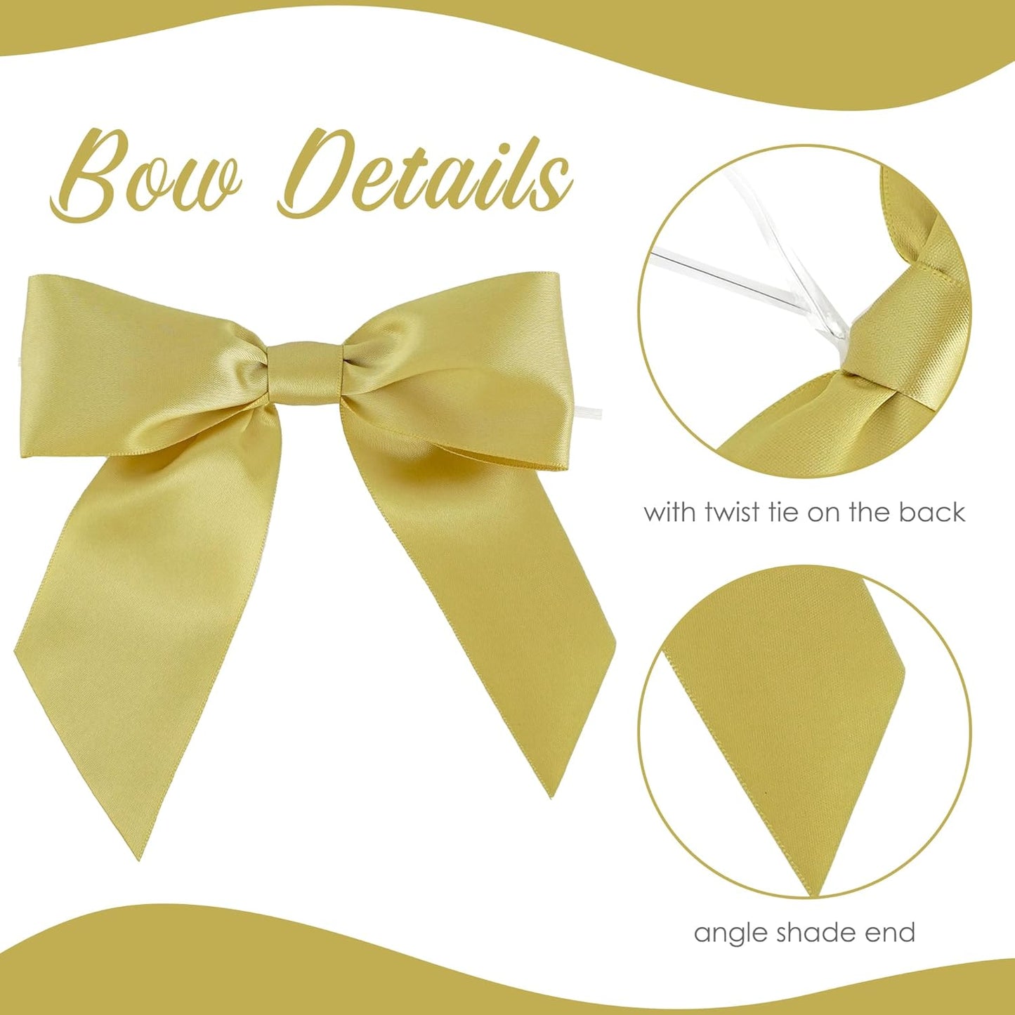 AIMUDI Gold Satin Bows 5.5" Bows for Gift Wrapping Satin Twist Tie Bows Premade Ribbon Bows for Treat Bags Invitations Baskets Wreaths Crafts Wedding Birthday Party Decorations, 24 PCs