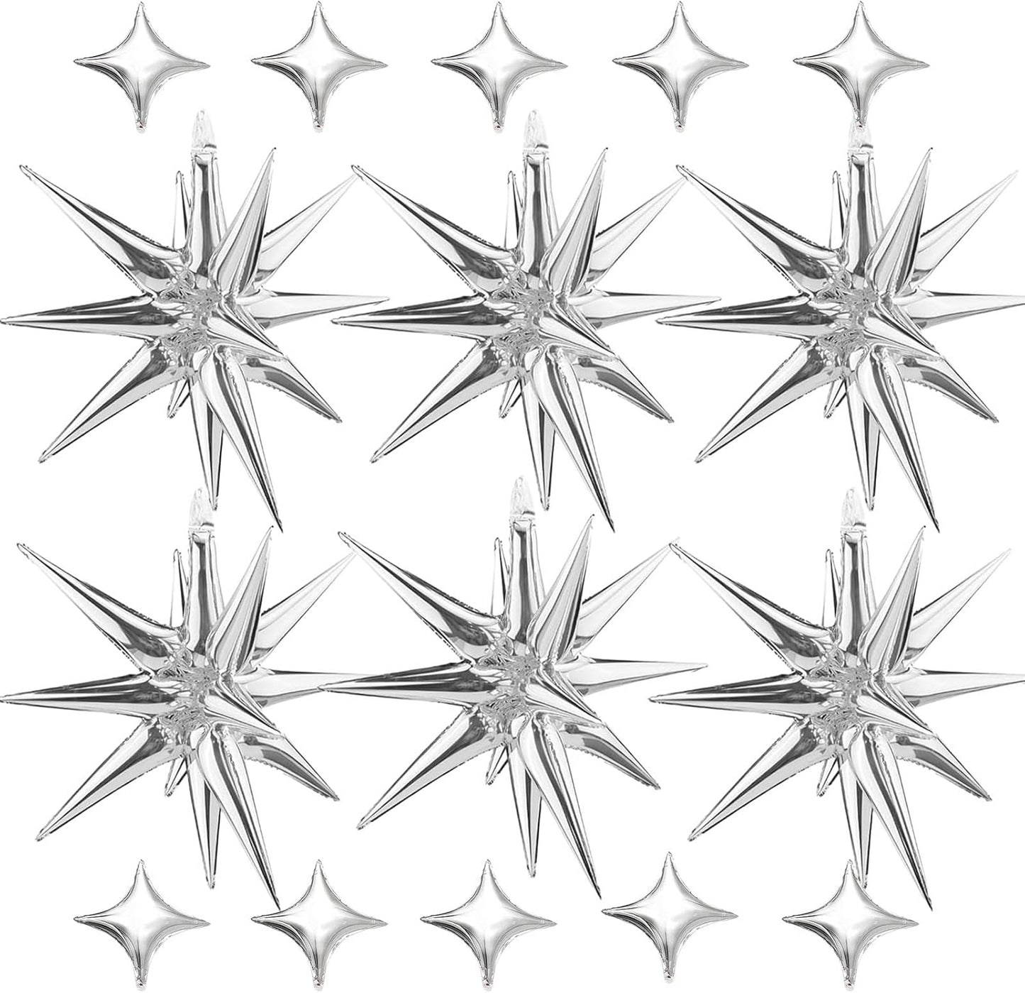 6 Pcs Explosion Star Foil Balloons- 12 Point Star Balloons,Silver Spike Balloons and 10Pcs Four Pointed Star Balloos for Party Supplies Christmas Birthday Wedding Photo Booth