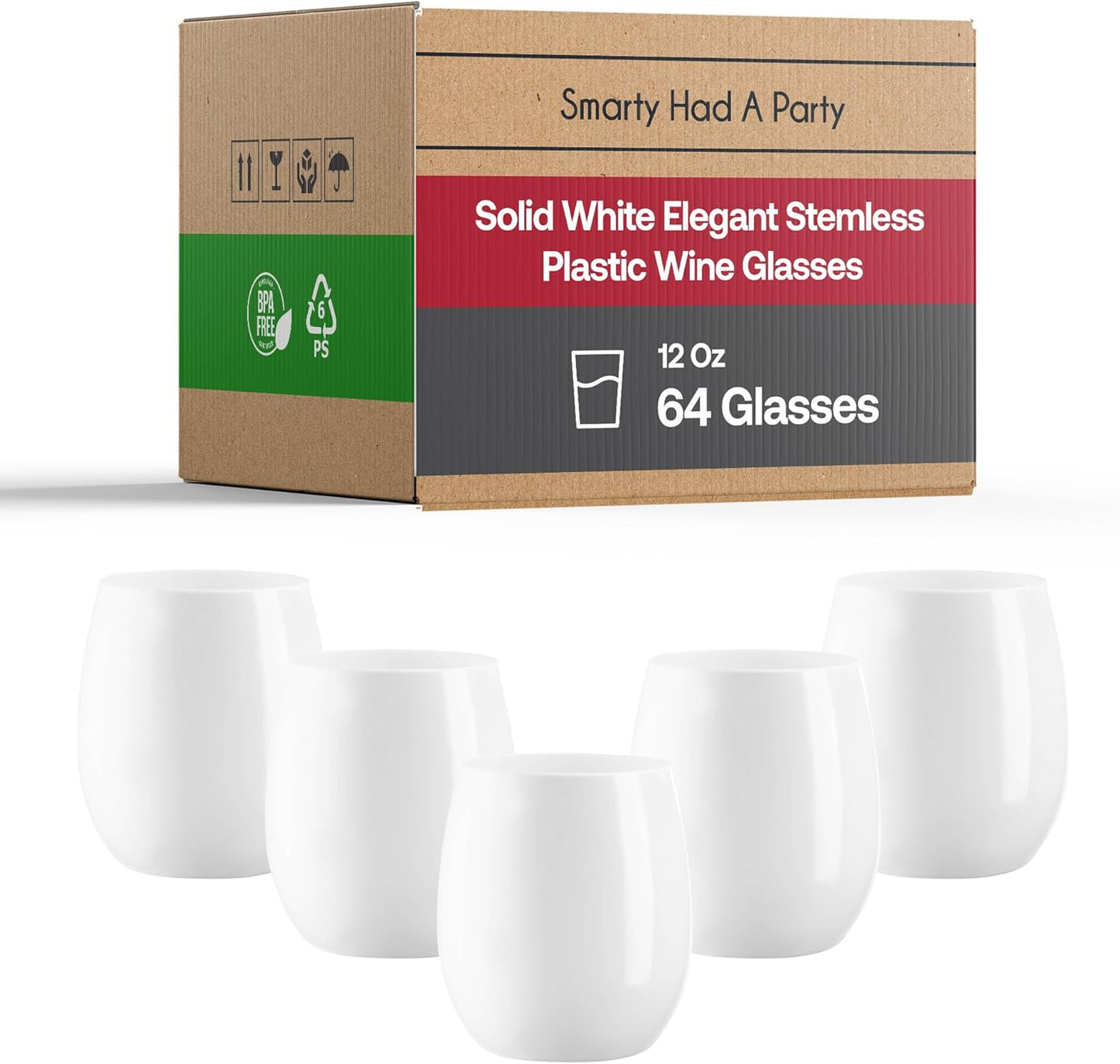Smarty Had A Party 12 oz Wine Glasses Pack of 64 White Stemless Plastic Glasses, Unbreakable Disposable Drinkware for Parties and Events