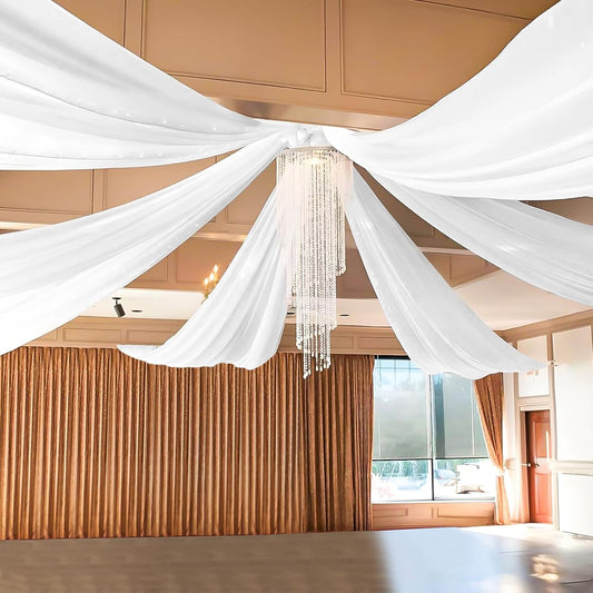 6 Panels White Ceiling Drapes for Wedding 5ftx10ft Sheer Drapery Chiffon Fabric Arch Draping Curtains for Party Ceremony Birthday Baby Shower Reception Stage Ceiling Decorations