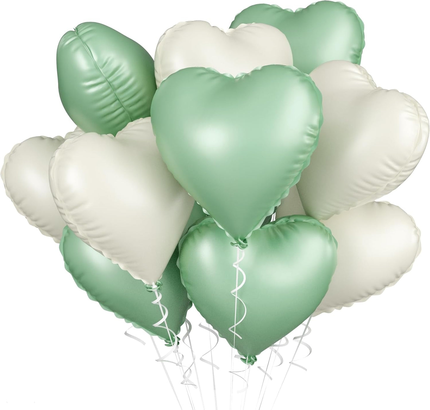 Sage Green White Heart Balloons, 10PCS Green Beige Foil Heart Balloons, 18inch Olive Green Cream White Heart Shape Balloons for Neutral Jungle Birthday Baby Shower Valentines Wedding Party Decorations