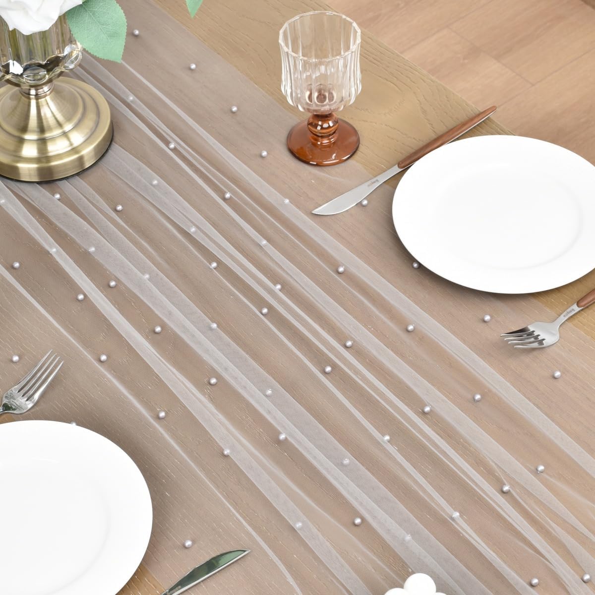 Joanlody Fall Pearl Table Runner 10ft Rustic Boho Tulle Table Runner with Pearls for Baby Shower Wedding Party Veil Dessert Thanksgiving Table Decor Gray