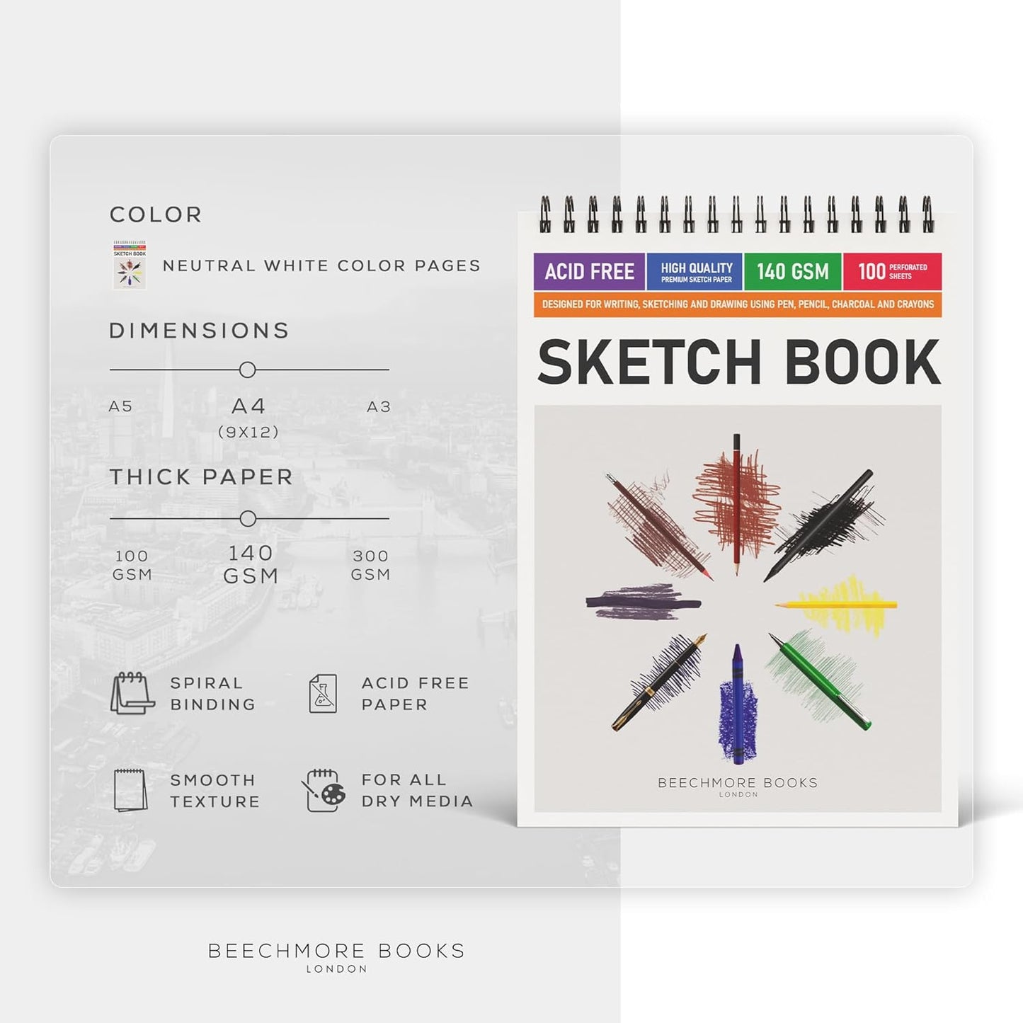 BEECHMORE BOOKS 9x12 Spiral Sketchbook – 140 GSM Acid-Free Paper, 100 Perforated Pages, A4 Art Sketch Pad for Drawing & Sketching, Artists, Adults