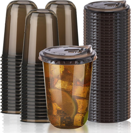 16oz Disposable Stemless Glasses With Strawless Sip Lids,PET Disposable Drinking Cups,Clear Plastic Wine Glasses for Parties Birthday,Wedding,Meeting,Christmas Party Supplies (50, Black)