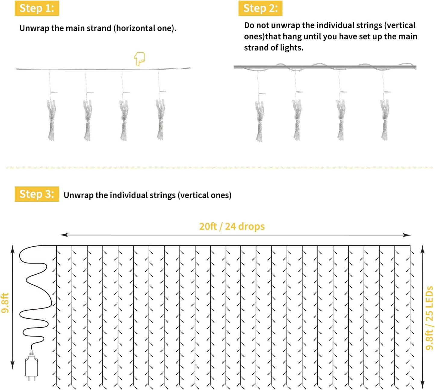 Brightown Window Curtain Lights, 600 Led 20 Feet Dimmable with Remote to Set 8 Lighting Modes and Timer, Fairy Led Lights for Bedroom Wall Wedding Decorate String Lights, Pure White, No Curtain