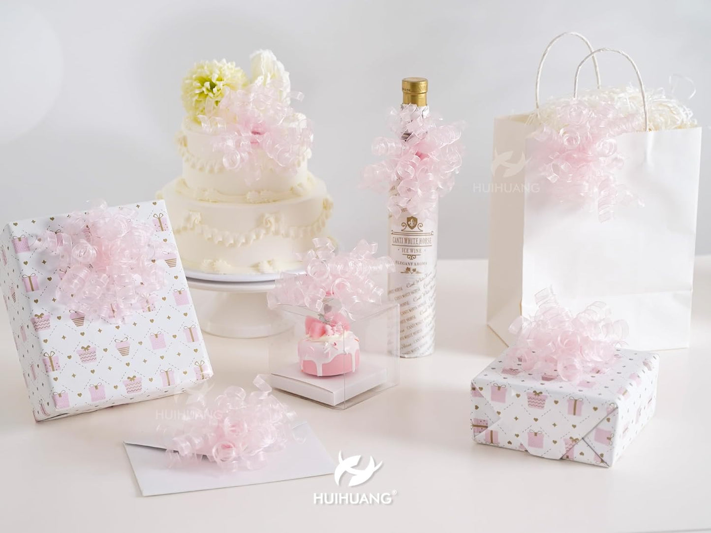 HUIHUANG Pink Bows for Gift Wrapping Pink Curly Gift Bows 5 inch x 8 Counts Self-Adhesive Curly Ribbon Bow for Presents, Paper Bag, Baby Shower Favors, Wrapping Accessories, Party Decor