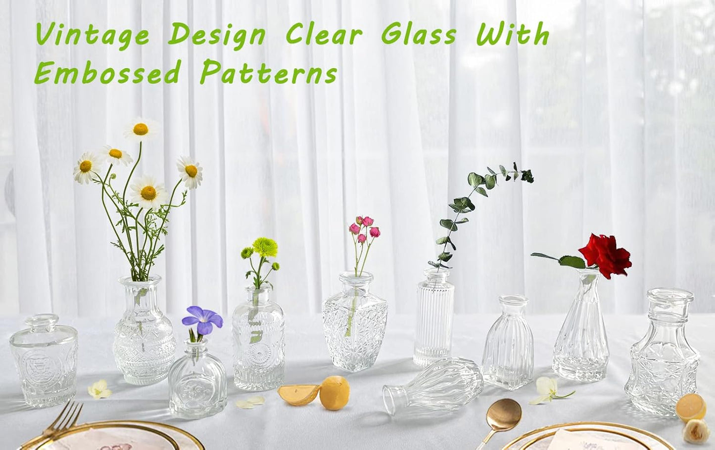Bud Vases- Set of 10 Small Flower Glass Vases for Centerpieces, Cute Clear Crystal Bud Glass in Bulk, Mini Vintage Design for Wedding Decorations Party Table Flower Decor