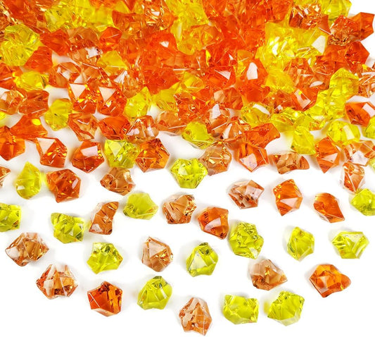 HappyFiller Fall Decor Fake Ice Rocks Cubes Acrylic Gems Stones for Vase Fillers,Kitchen Dinning Room Table Scatters,Crafts,Home Centerpieces,Candle Holder,Mix Yellow Amber Orange,14 OZ