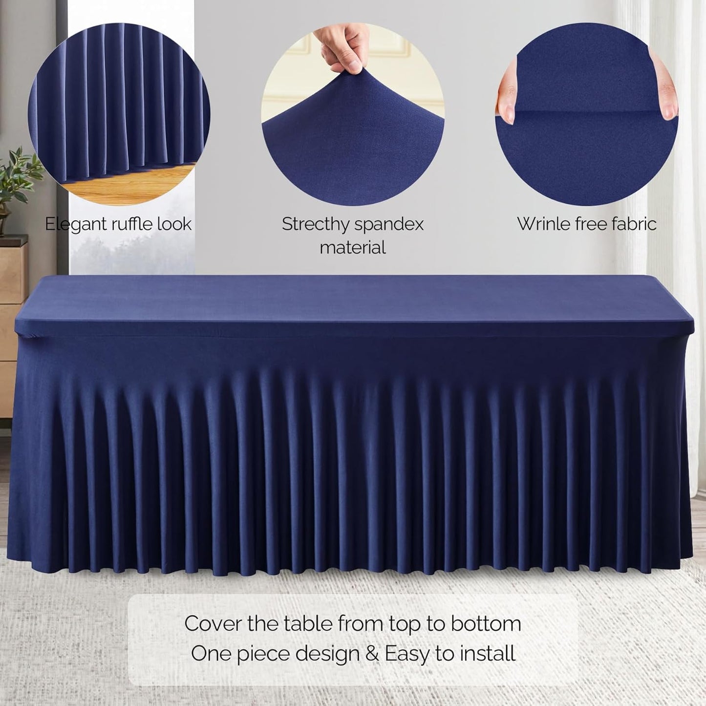 Wish Care 6 Pack Navy Blue Spandex Table Clothes for 8 Foot Rectangle Tables, 8FT Wrinkle Free Fitted Tablecloths Ruffles Design Table Cover for Party, Banquet, Wedding and Events