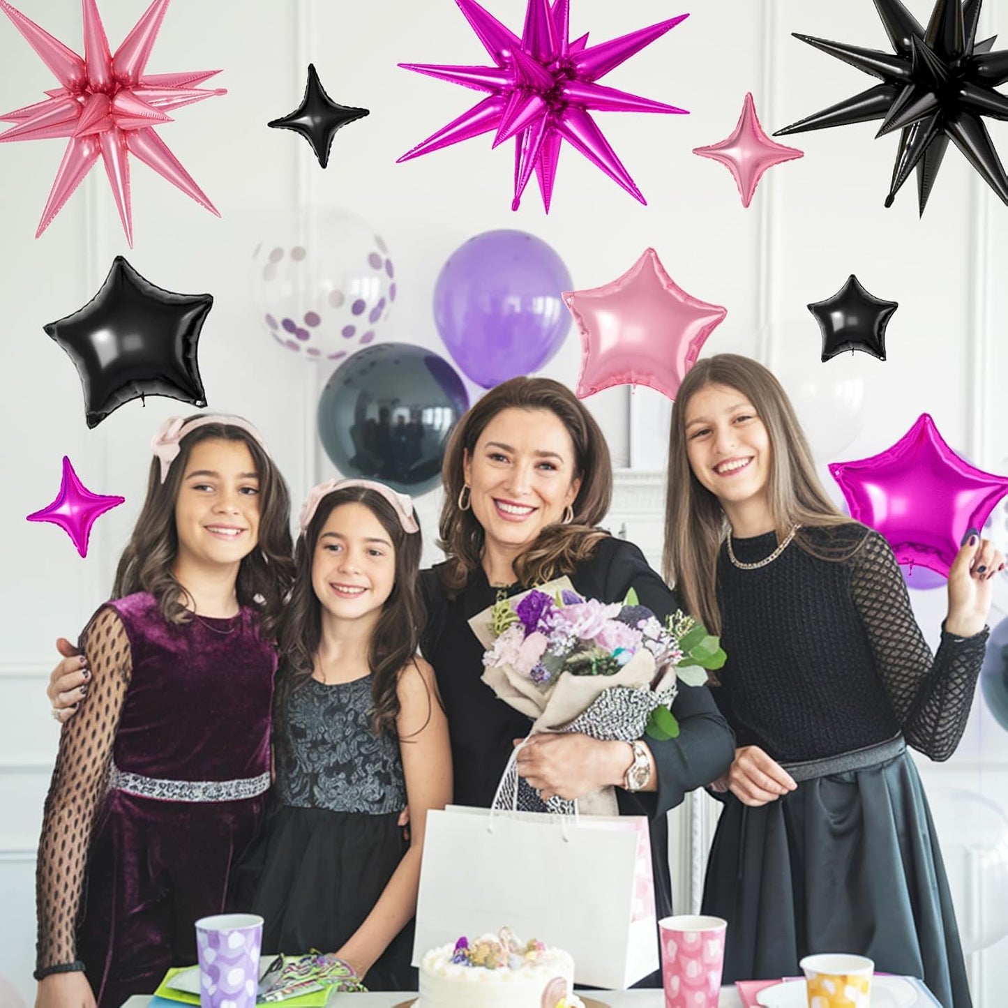 16 Pcs Black Hot Pink Star Balloons, 22/18/10 Inch Foil Balloons, Four-Pointed Balloon for Girl Mermaid Birthday Graduation Wedding Baby Shower Magic Party Decorations