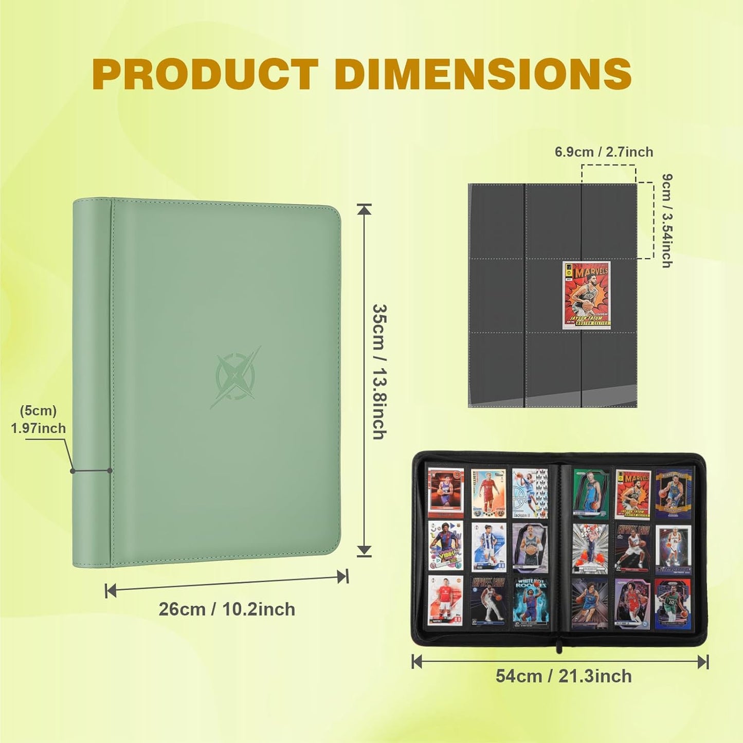 Trading Card Binder, Card Binder 9 Pocket for Trading Cards, Holds 540 Cards, Zippered Premium Card Collection Binder Album for Game Card, Sports Card, Yugioh, MTG (Soft Green)