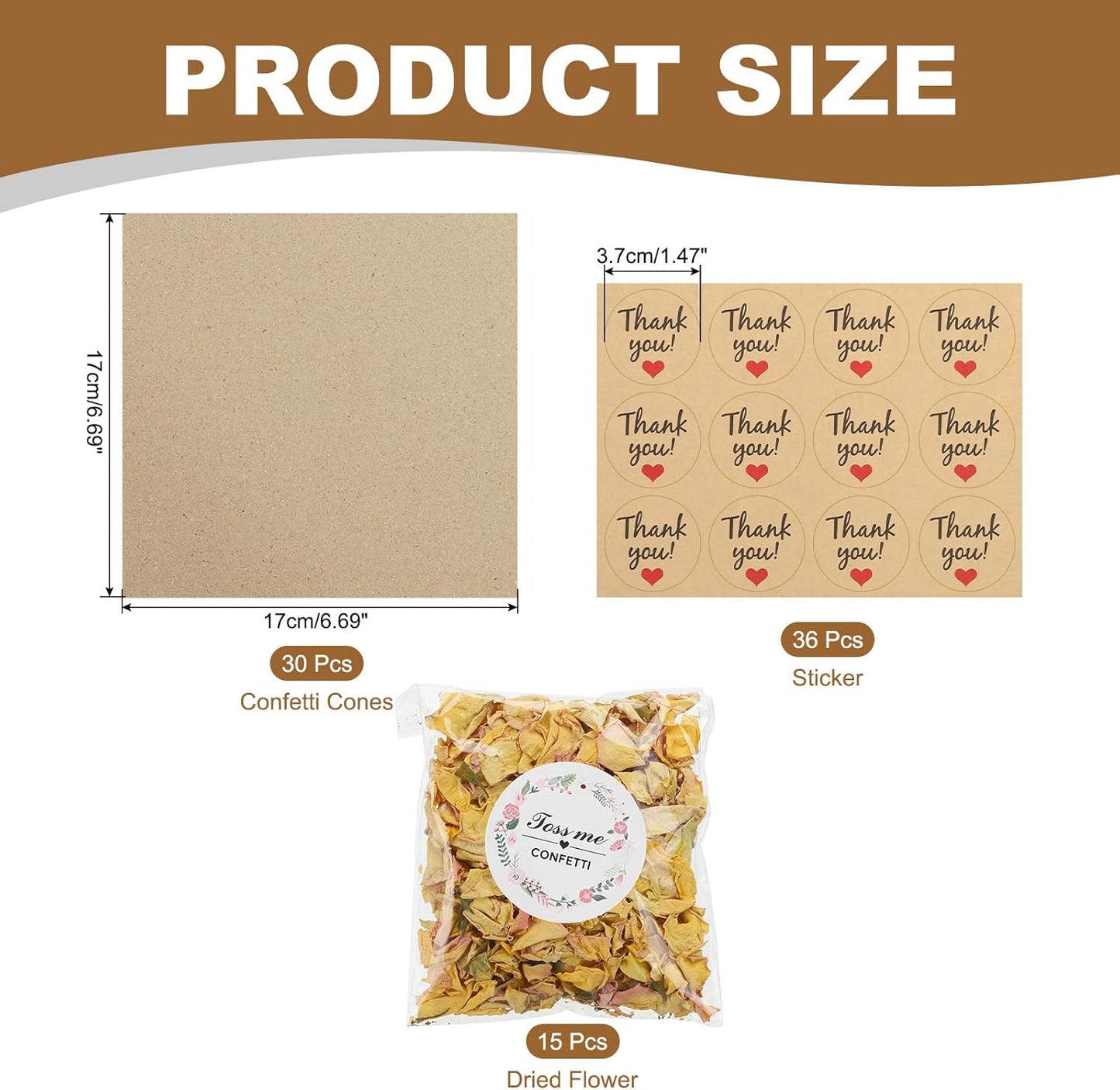 PATIKIL Dried Flower Confetti Cones, 30Pcs Paper Tapers Cone Holder with Dried Rose Petals / Sticker for Wedding Party Engagement Birthday DIY Decoration, Light Yellow/Pink