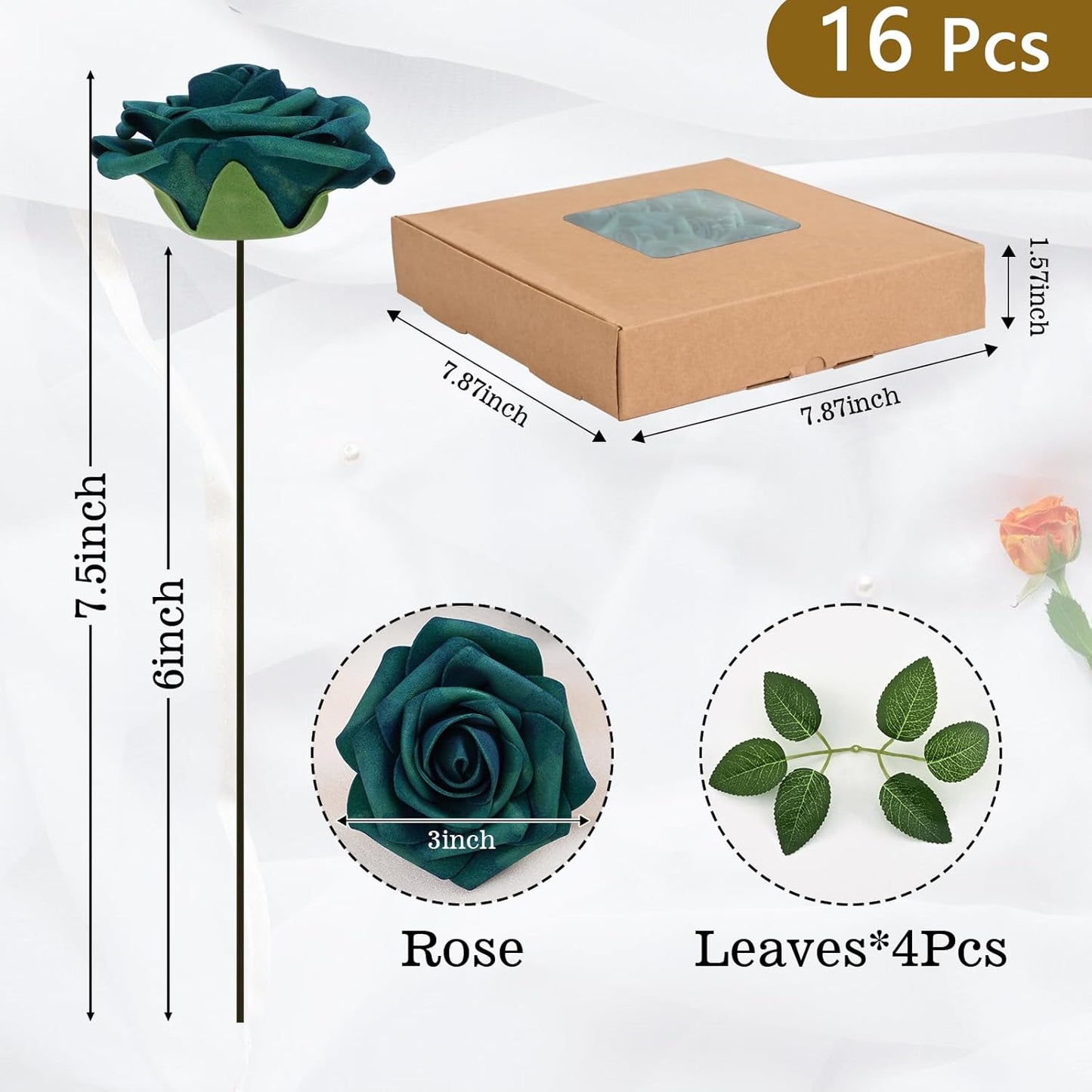 BLEUM CADE 16Pcs Artificial Flowers Fake Roses with Stems, Army Green Boxed Foam Roses for DIY Bouquets Centerpieces Wedding Party Arrangement Bridal Shower Decor
