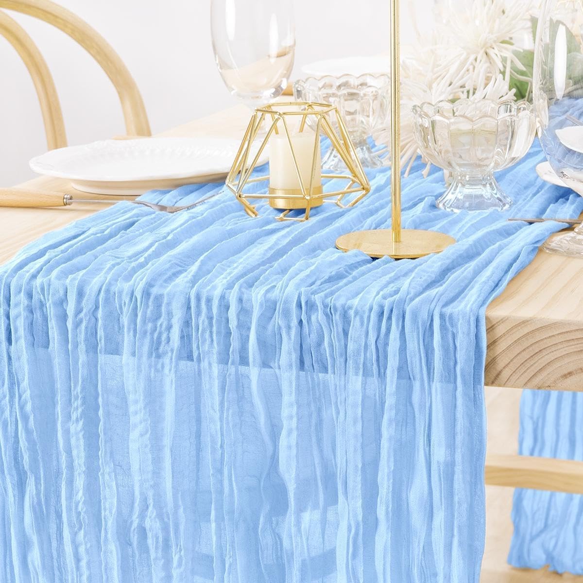 MLMW 6 Pack Light Blue Cheesecloth Table Runner Boho Gauze Rustic Cheese Cloth 160 inch Sheer Baby Blue Coastal Table Runner 13.3ft for Wedding Party Baby Bridal Shower Birthday