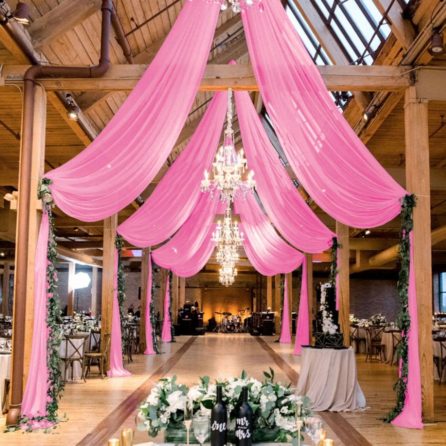 MODFUNS 4 Panels Pink Ceiling Drapes for Weddings 5x20FT Wedding Arch Draping Fabric Sheer Chiffon Curtains for Backdrop Wedding Ceiling Curtain Chiffon Fabric Drapery Wedding Stage Hall Ceiling Decor