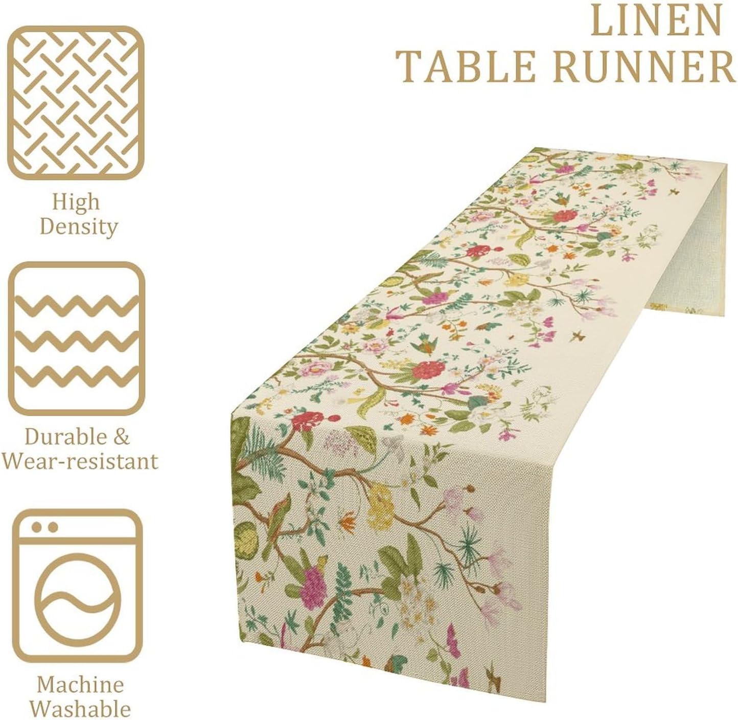 Floral Table Runner, Vintage Birds Wildflowers Herbs Nature Theme Linen Long Table Kitchen Dining Table Holiday Party Decorative Table Runner,13in（33cm） W * 108in（274cm） L