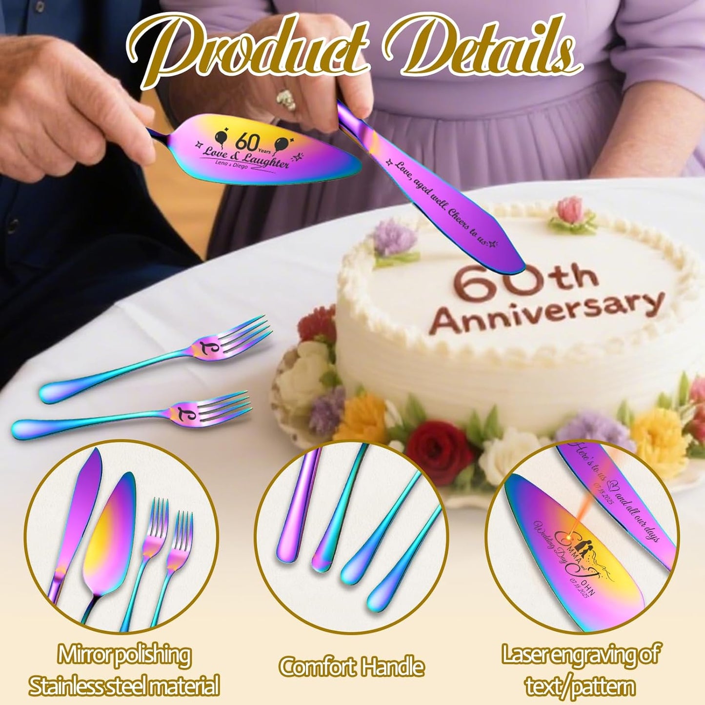 Personalized 4 Piece Wedding Cake Cutting Set, Custom Names Cake Knife and Server set with Forks, Anniversary Birthday Bridal Wedding Registry Gifts (Multi-color)
